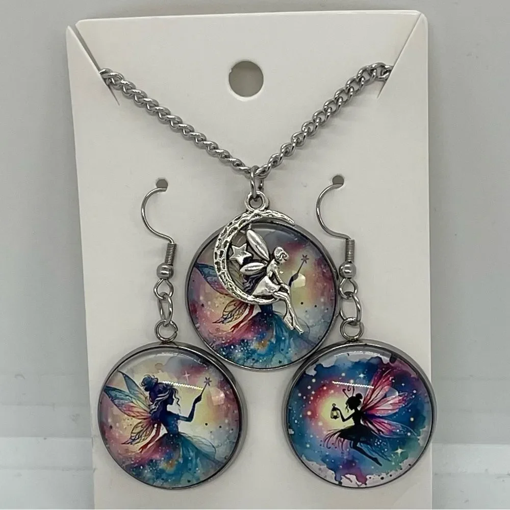 Hand Crafted Blue Pink Silver FairyCore Necklace Earrings Set NWT OS